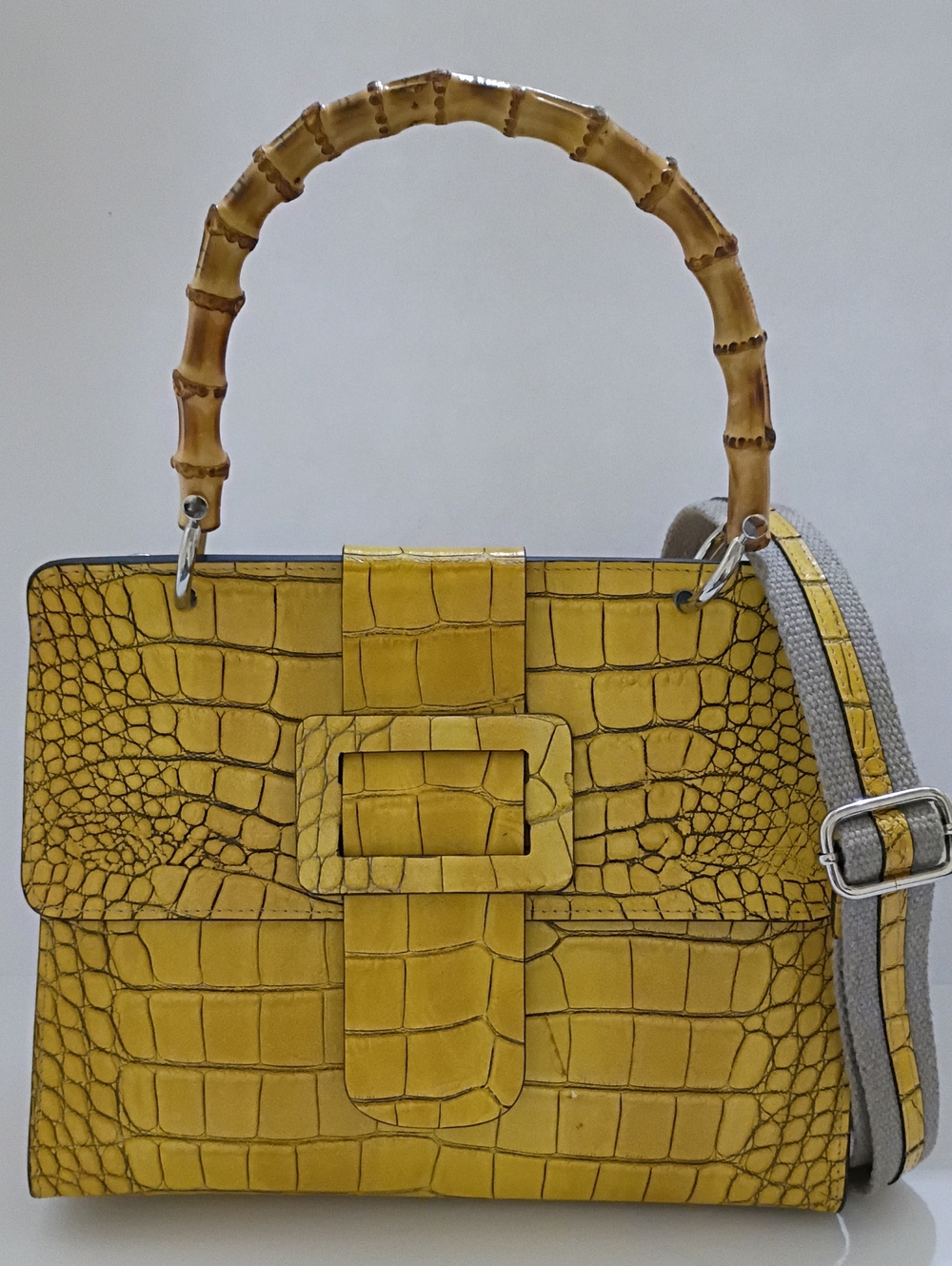 Yellow Leather Croc-Embossed Top Handle Bag with Bamboo Accent